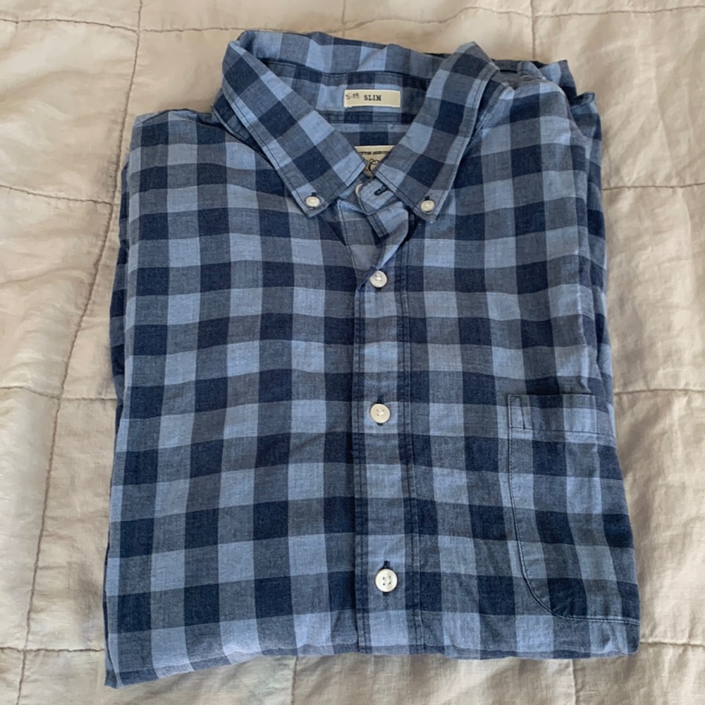 Mens jcrew blue checked button down, size xl. Slim cut.